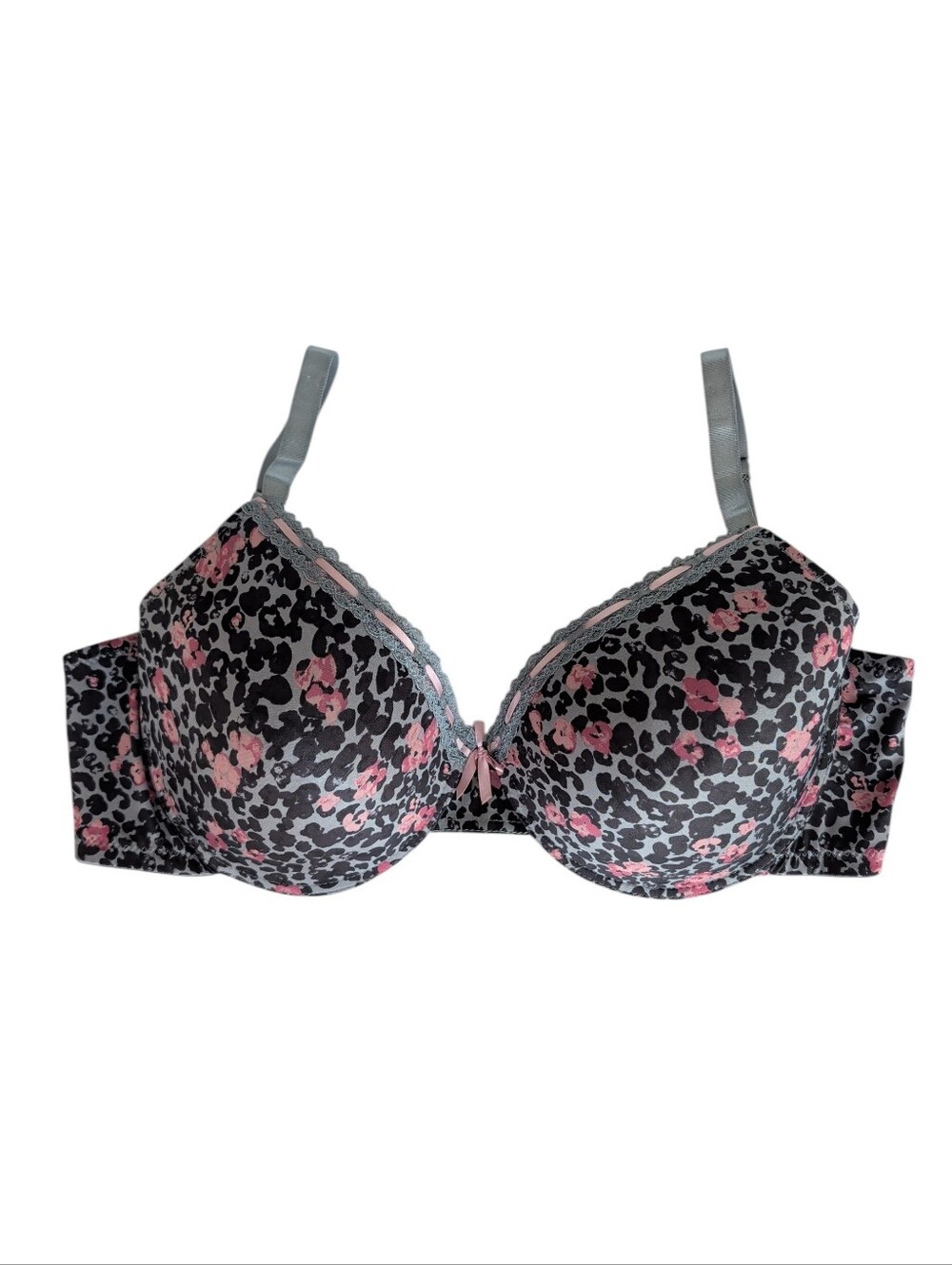 Just Be Underwire Floral Leopard Print Padded T-Shirt Bra 42D Gray Pink Black